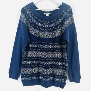 Coldwater Creek Navy Beaded‎ Embellished Holiday Sweater Blue Fairy AA11